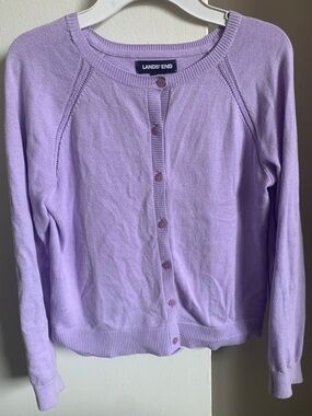 Lands' End Light Purple Button-Front Crewneck Cardigan
